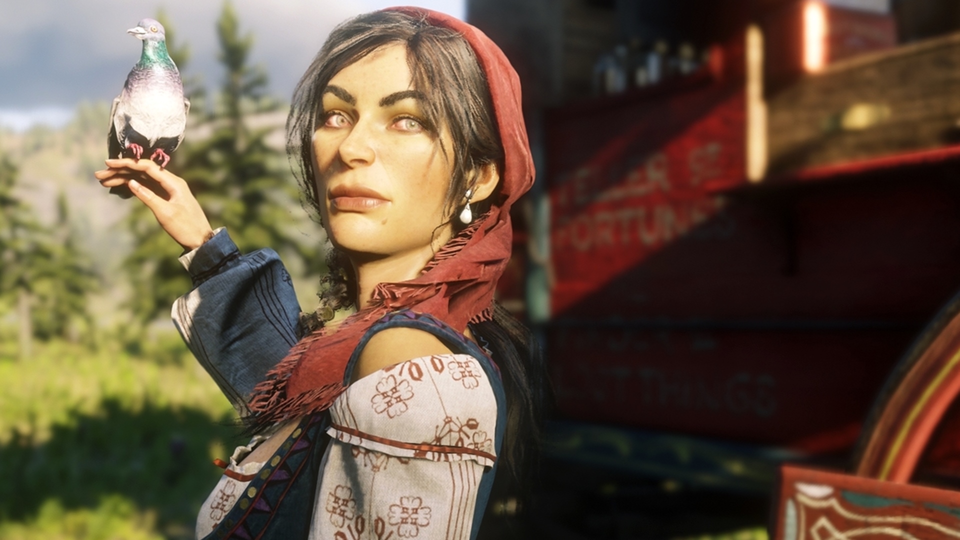 Madame Nazar, cigana comerciante de Red Dead Online que também aparece em GTA Online em uma máquina de adivinhações.