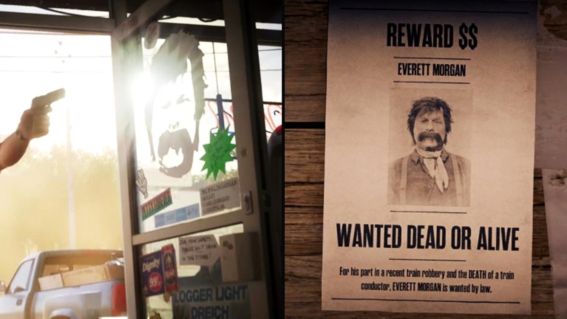 Everett Morgan's face on the convenience store window on the left and his wanted poster in Red Dead Online on the right.