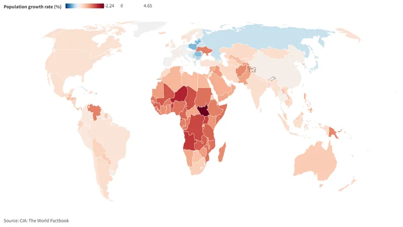 Brasil aparece no mapa com crescimento populacional de apenas 0,61%. (Fonte: CIA/Divulgação)