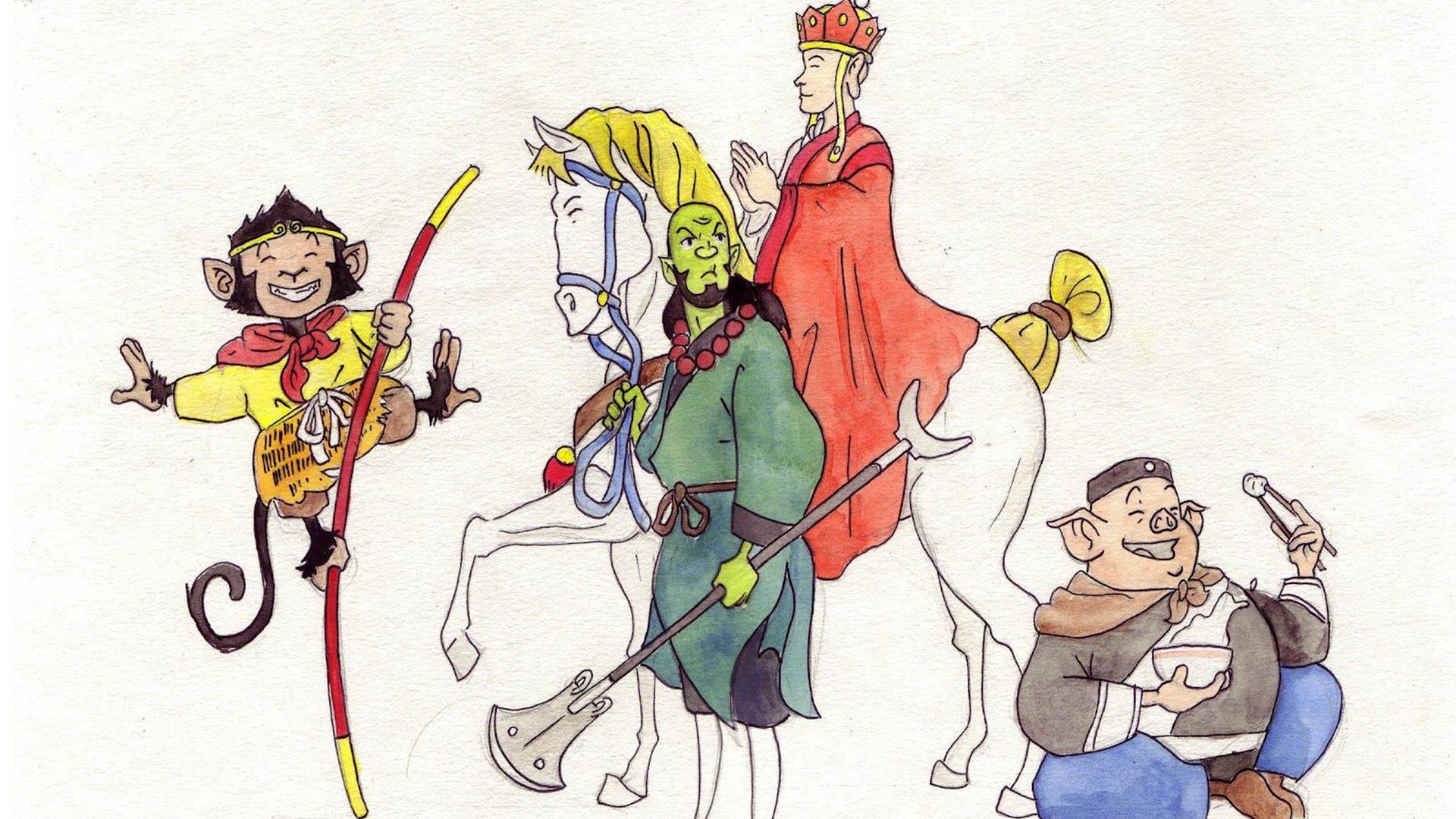 Artwork depicting the monk Tang Sanzang and his three disciples, including Sun Wukong and the demons Zhu Bajie (or 