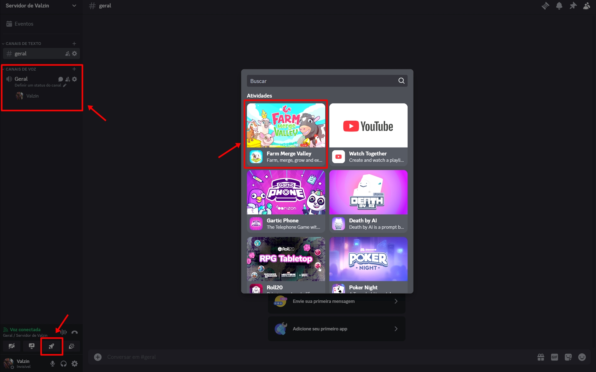 Depois de criar o servidor, entre em algum canal de voz para aparecer a opção de um foguetinho no canto inferior esquerdo da tela. Clique nele para abrir a aba de jogos e, em seguida, selecione o Farm Meger Valley para começar a jogar.