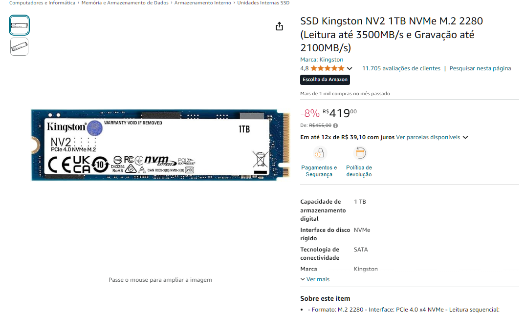 1TB Kingston NV2 NVMe SSD on Amazon