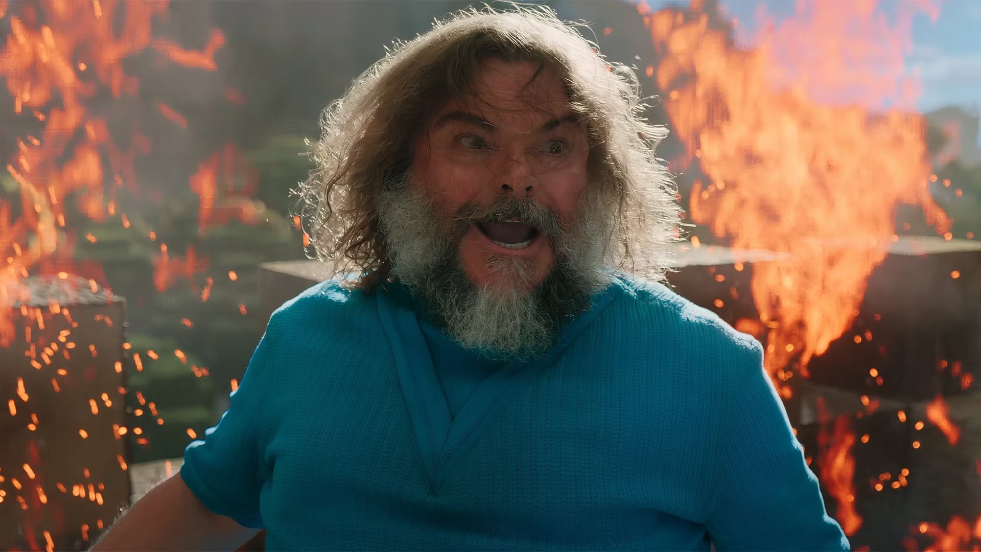 Visual de Jack Black como Steve no filme de Minecraft.