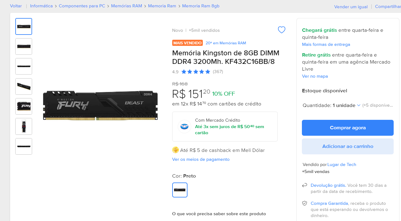 Pente de memória de 8GB DDR4 3200 MT/s