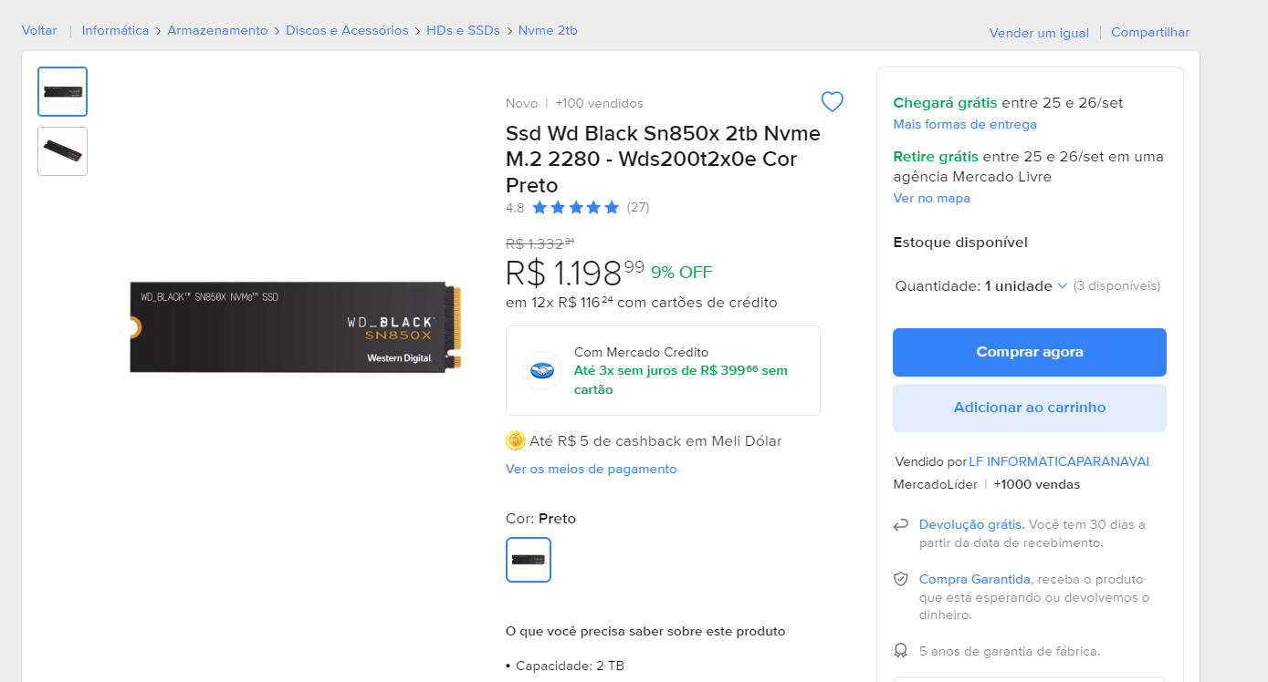 SSD WD preto de 2 TB