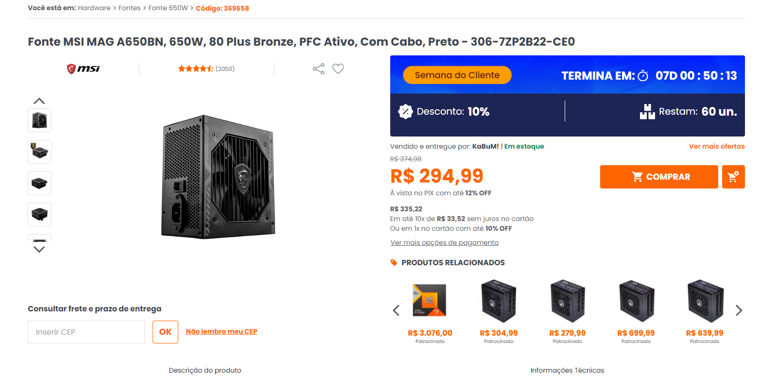 Fonte de alimentação MSI de 650 W