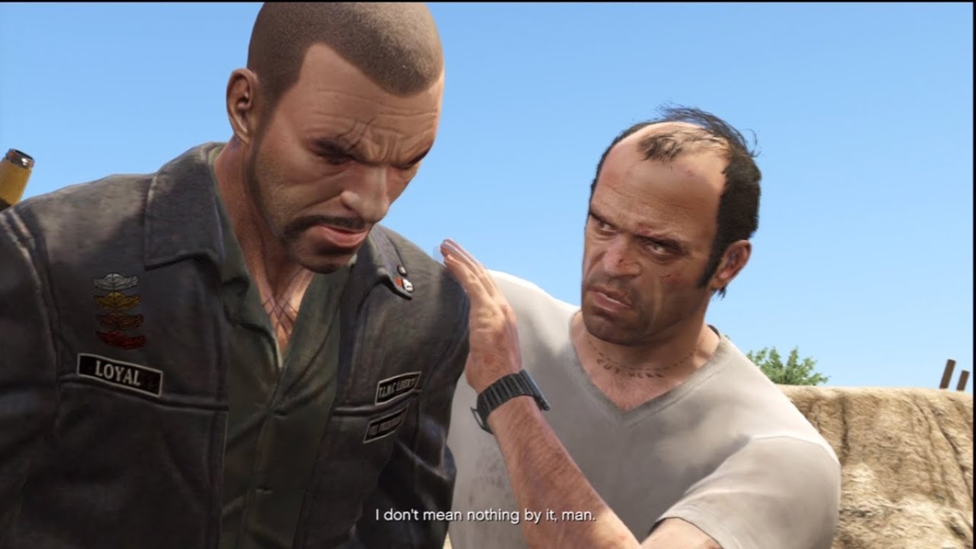 Johnny Klebitz (da expansão de GTA 4, Lost and Dammned) interagindo com Trevor em GTA 5.