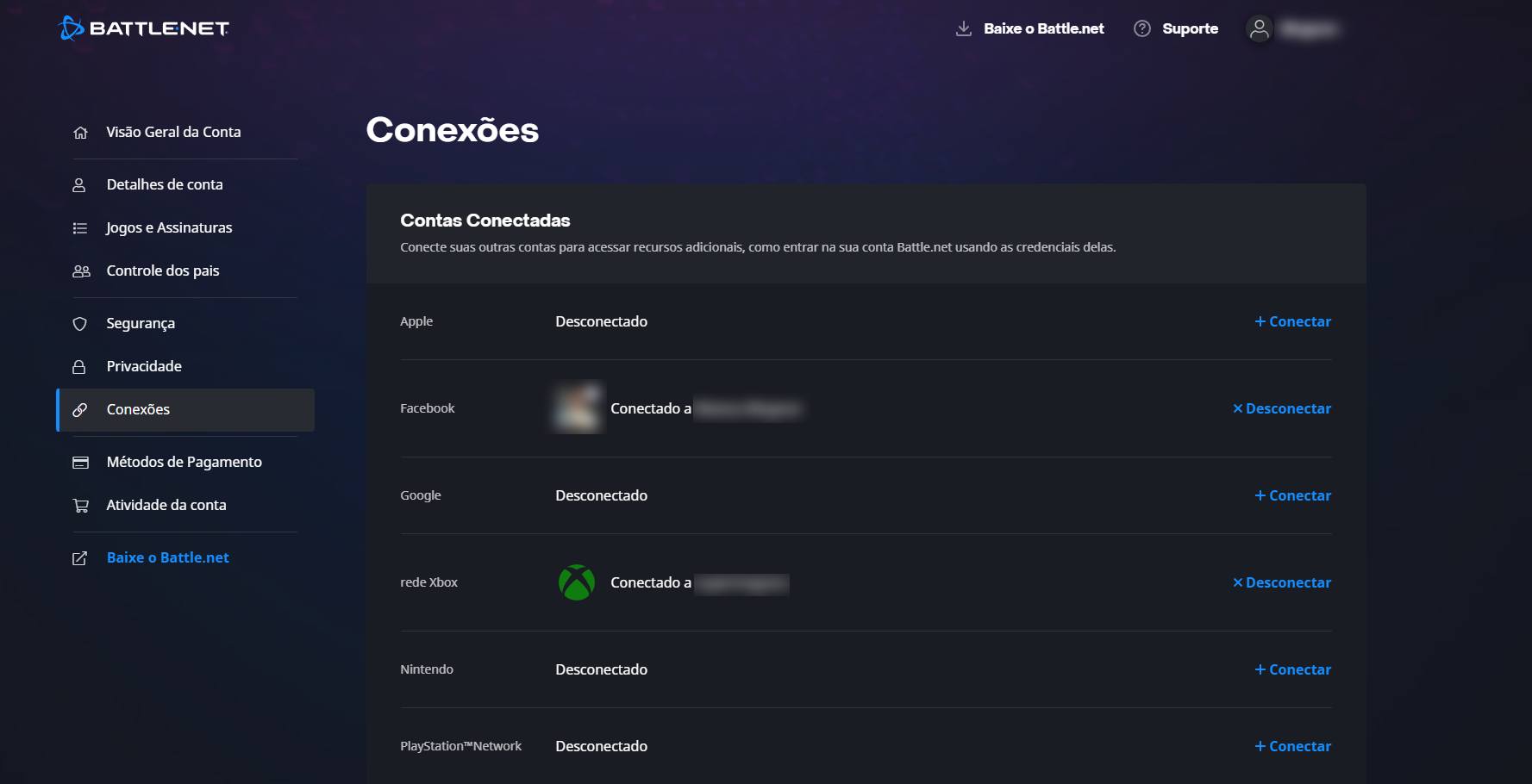 Conta Xbox vinculada ao Battle Net.