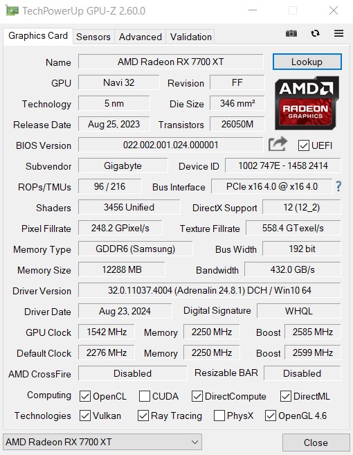 Informações da GIGABYTE Radeon RX 7700 XT pelo GPU-Z.