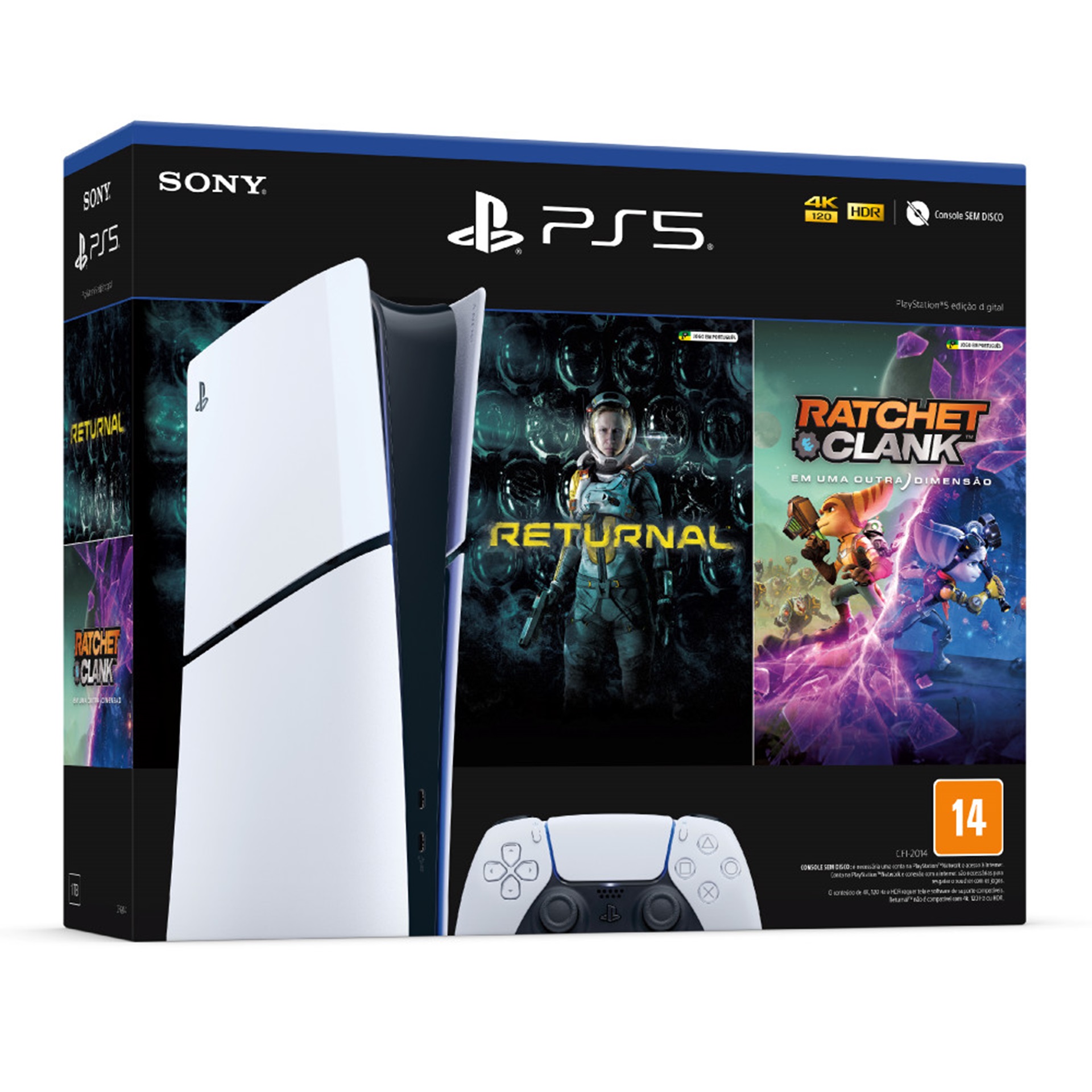 Bundle PS5 Slim All Digital com Returnal e Ratchet and Clank: Em Uma Outra Dimensão.