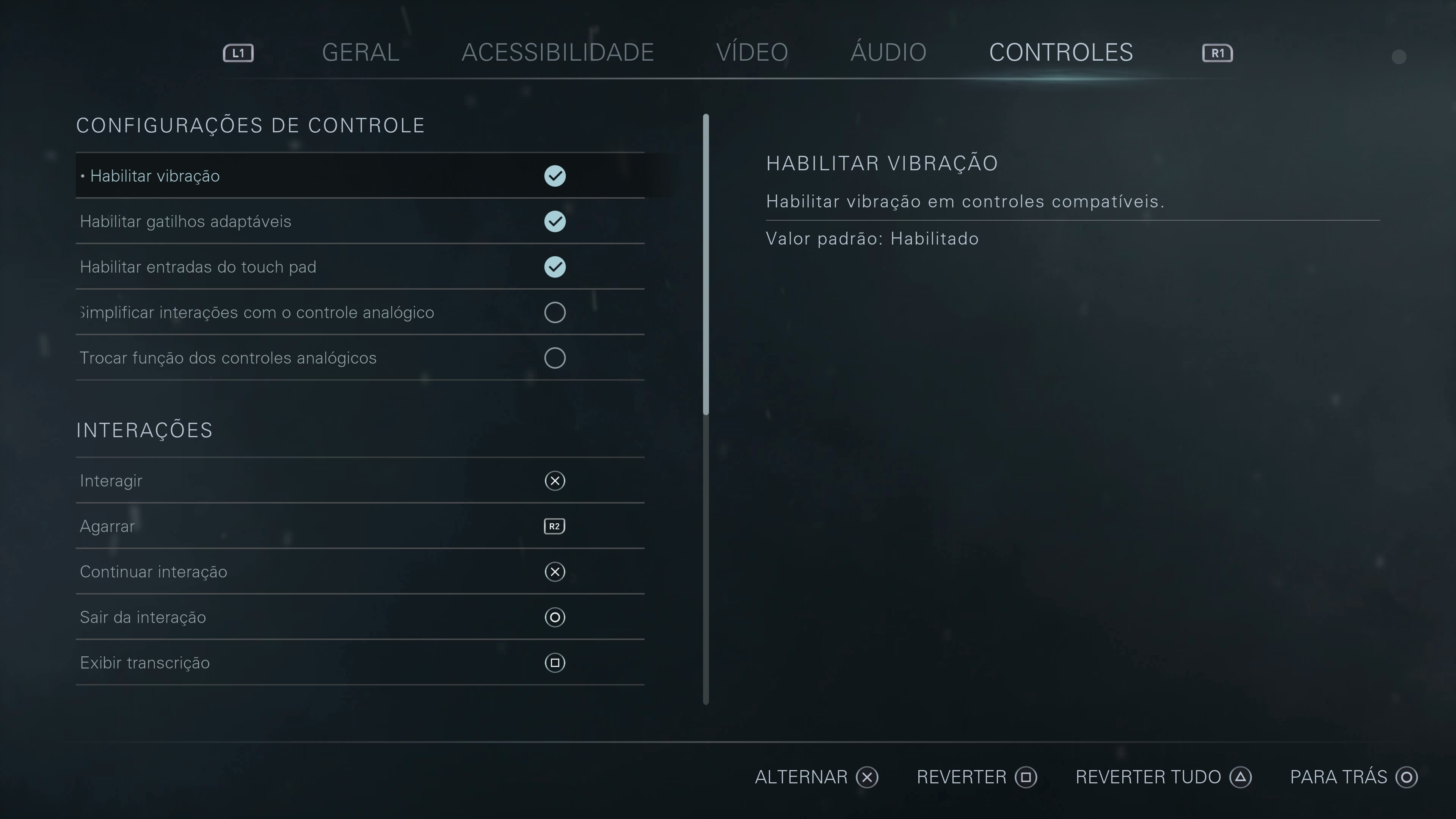 Control settings menu.