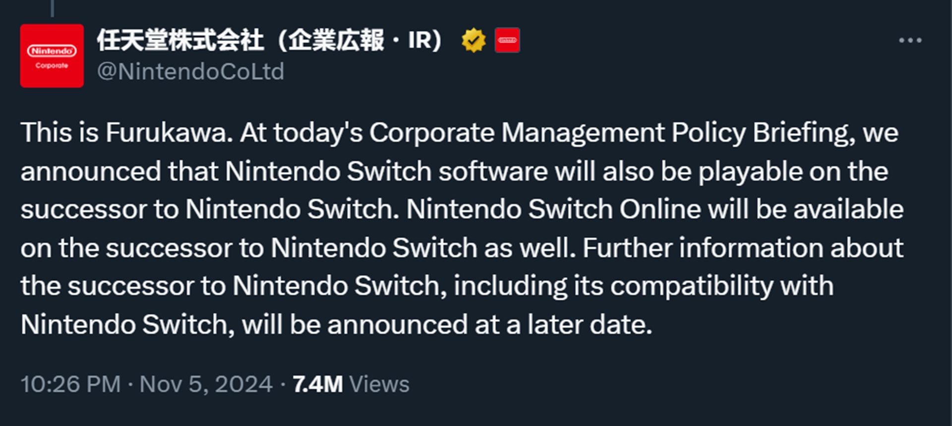 Confirmação de Shuntaro Furukawa, presidente da Nintendo, de que o Switch 2 será compatível com os jogos do modelo atual do console.
