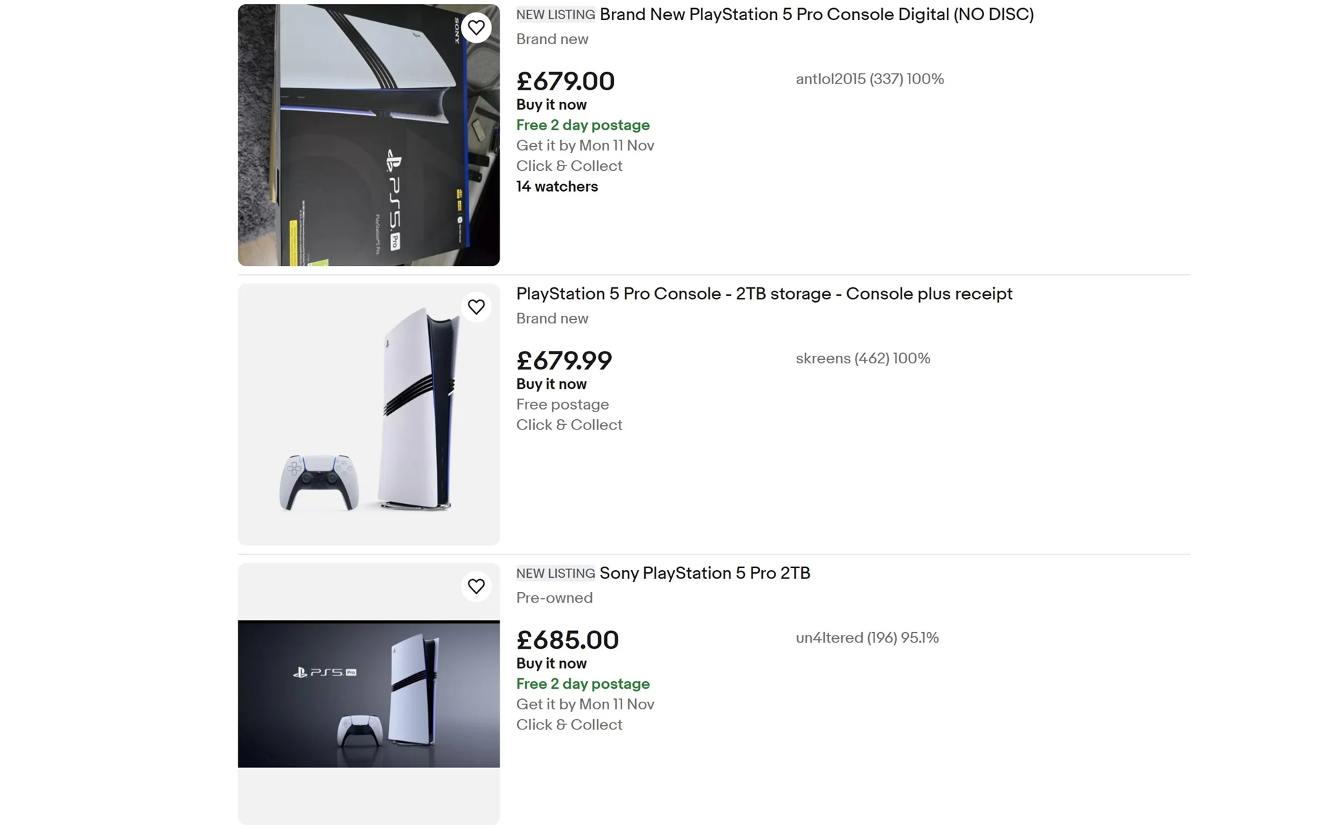 Vendedores do eBay listando o PS5 Pro mais barato que o preço tabelado.