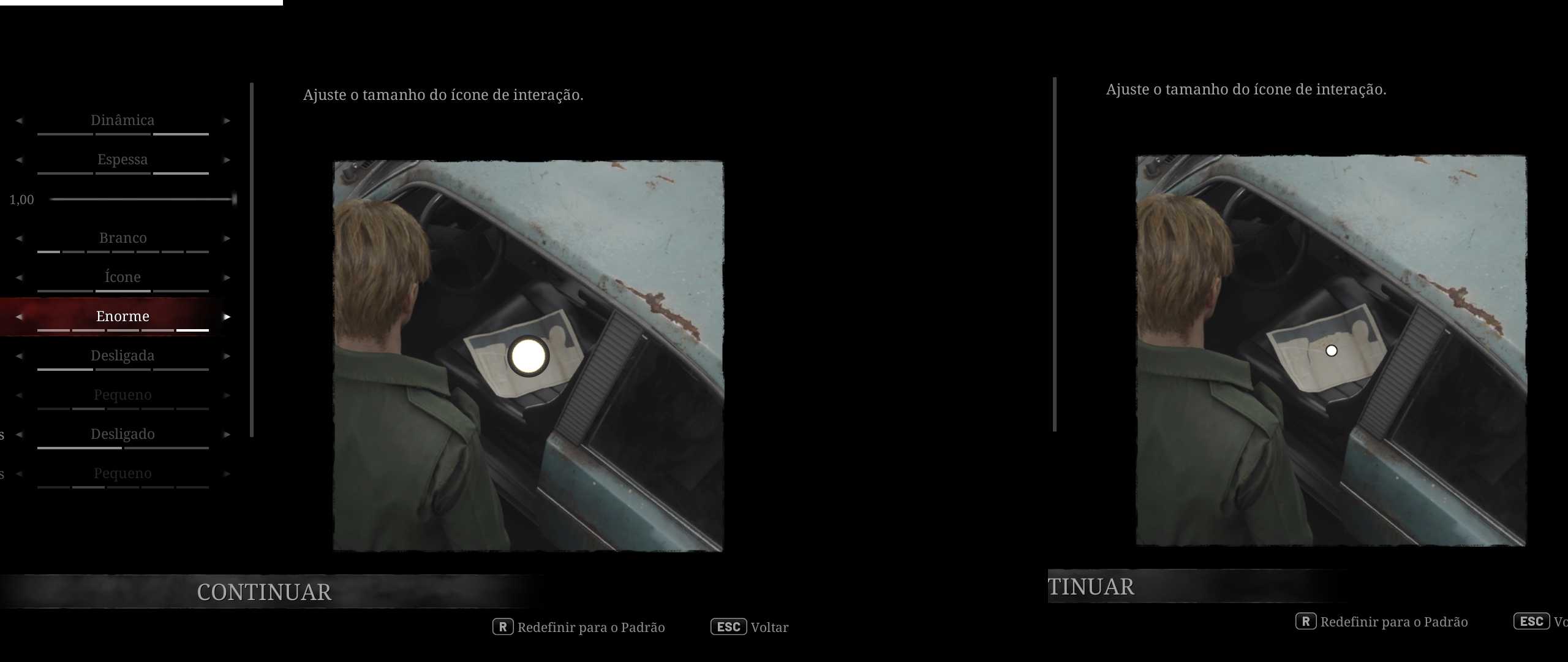 Comparação do tamanho dos icones nas diferentes opções de escala