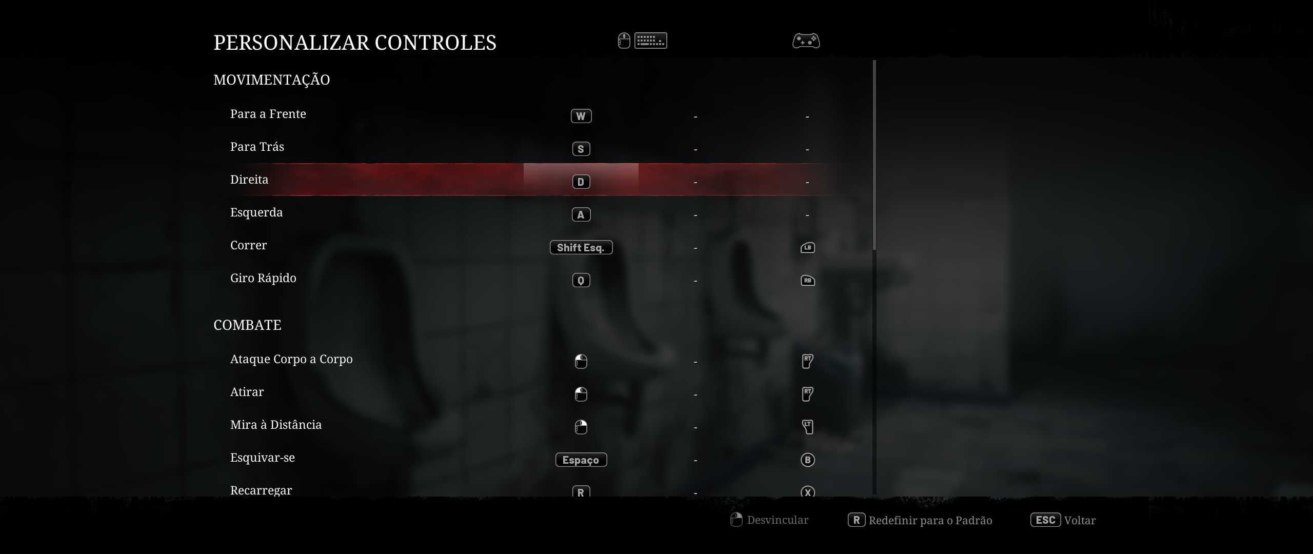 Menu para customização dos controles do game