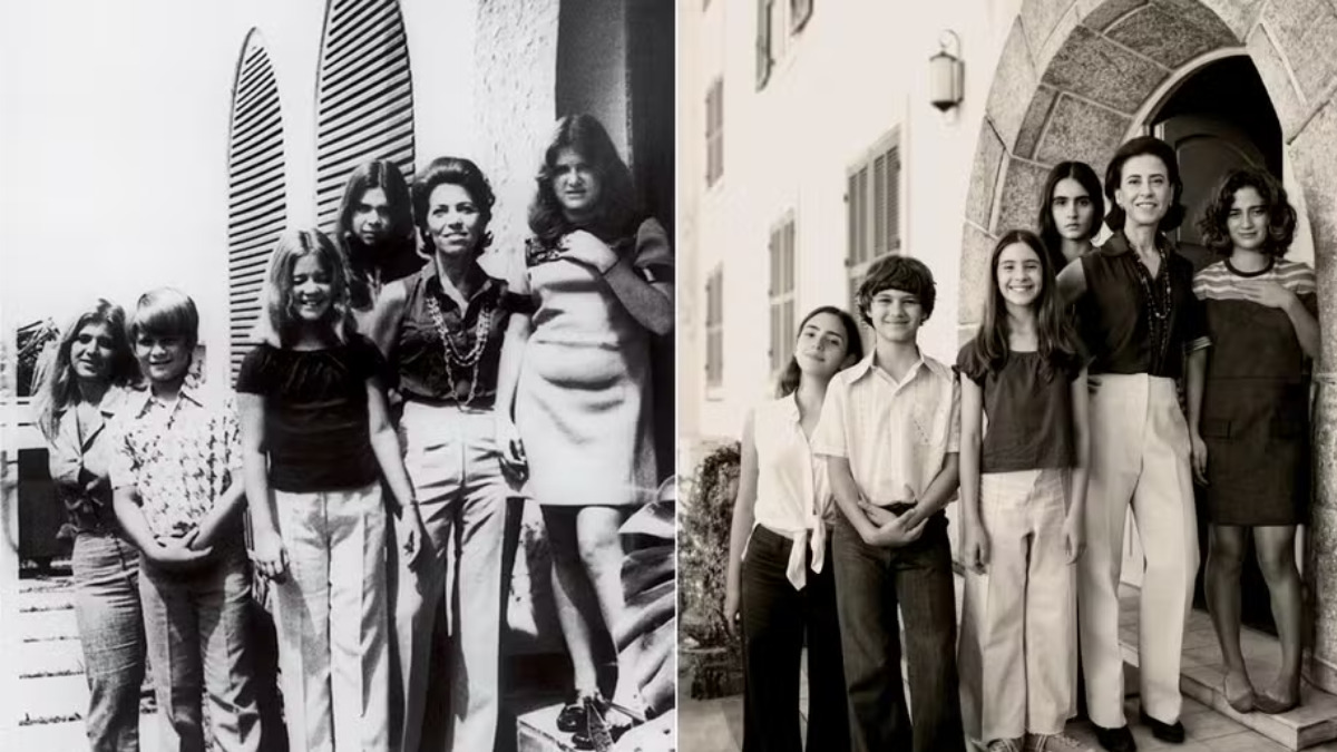Eunice com os cinco filhos na vida real e na reprodução para o filme
