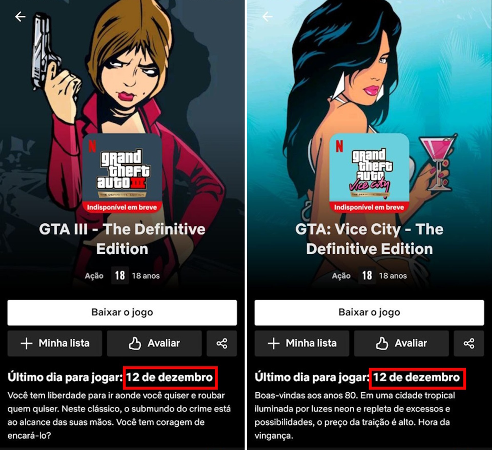 Dois jogos da trilogia GTA: The Trilogy, sendo GTA 3 e GTA Vice City, deixarão o catálogo da Netflix em dezembro deste ano.