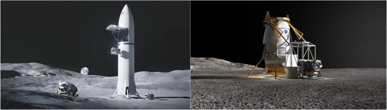 Os conceitos dos módulos de SpaceX e Blue Origin para levar equipamentos até a Lua. (Imagem: NASA/Reprodução)
