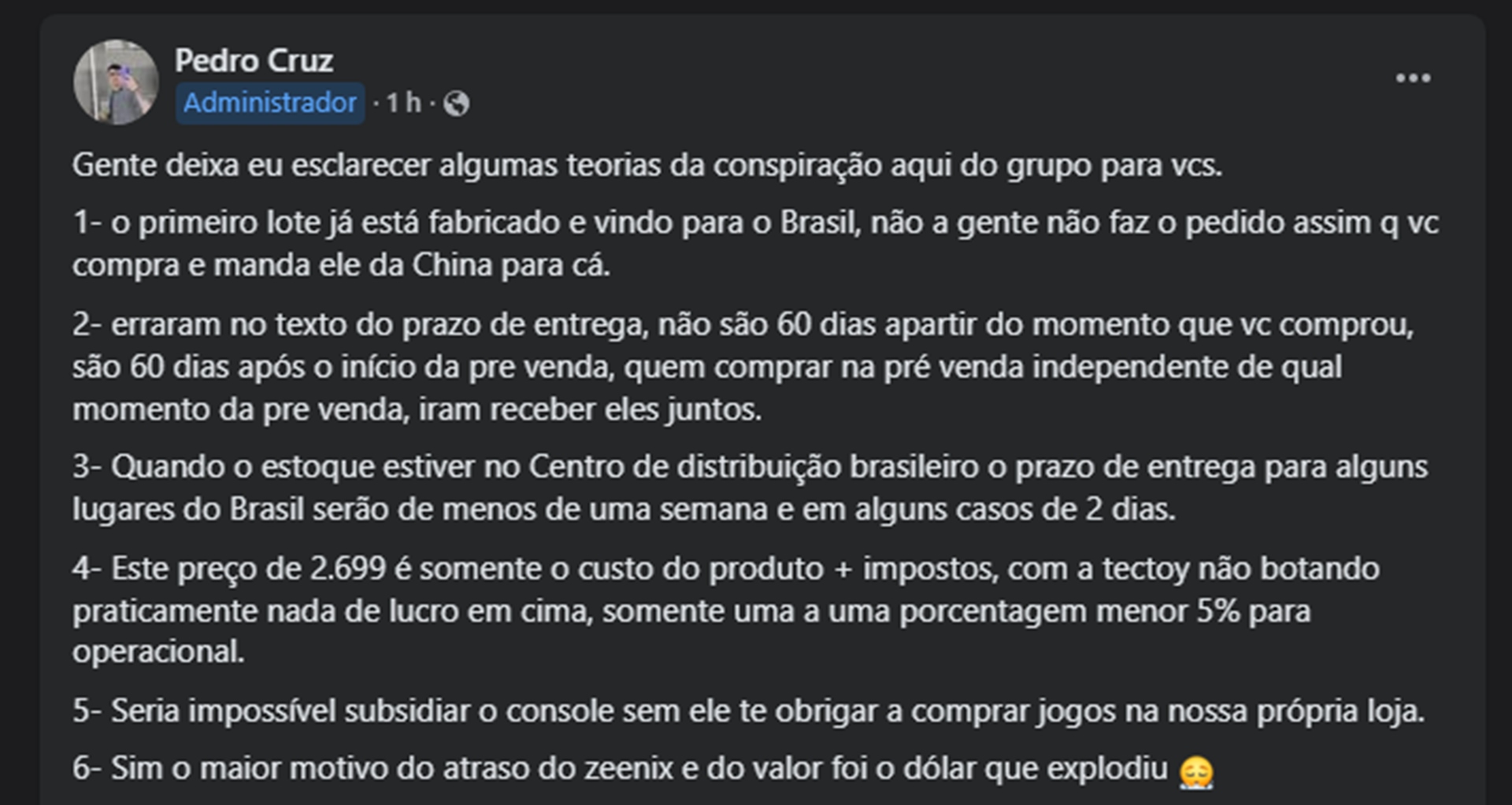 Publicação de Pedro Caxa no Discord oficial, onde deu diversos argumentos para justificar o preço do Zeenix Lite.