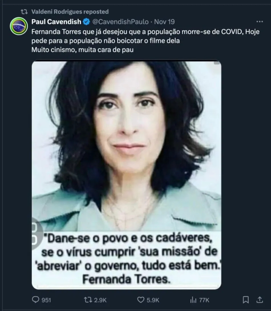 CEO da TecToy promoveu boicote de filme estrelado por Fernanda Torres com fake news da época da pandemia.