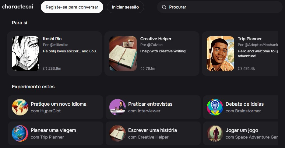 O Character.AI oferece vários chatbots com diferentes personalidades e propostas para conversar. (Fonte: Character.AI/Reprodução)