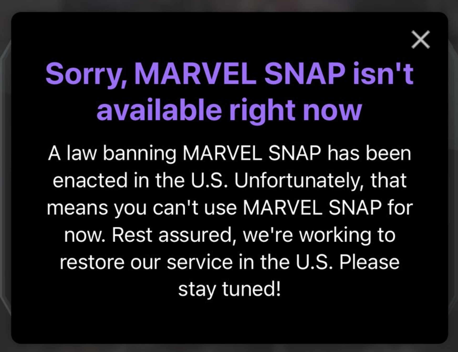 Aviso aos jogadores que estão tentando se conectar em Marvel Snap nos Estados Unidos.