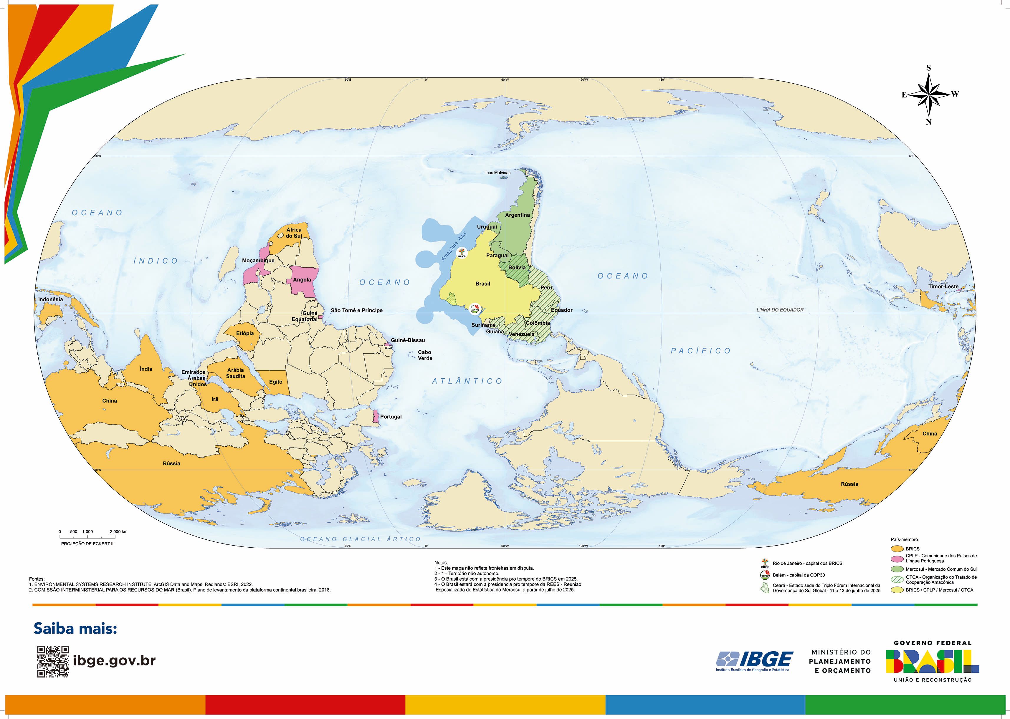 IBGE lança mapa-múndi invertido e com Brasil no centro do mundo; entenda