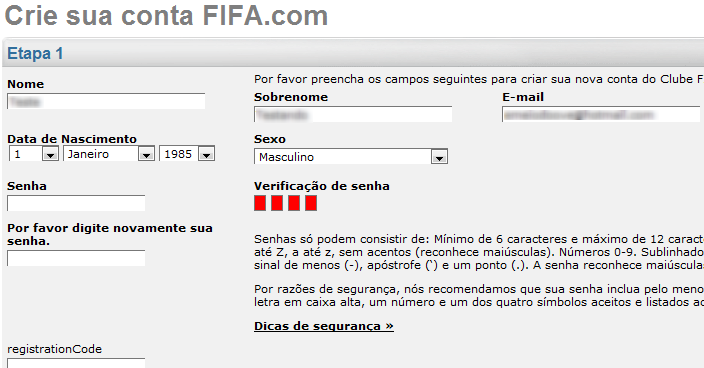 Etapa 1 do cadastro.