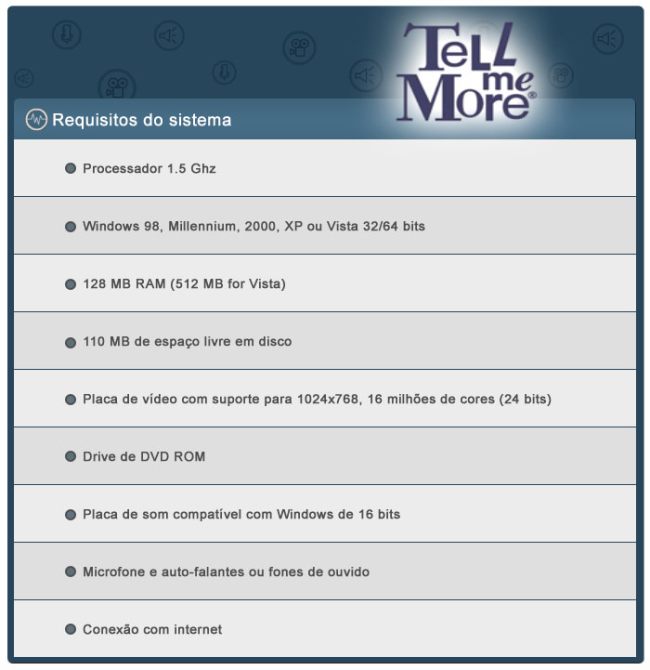 Tabela com os principais requisitos