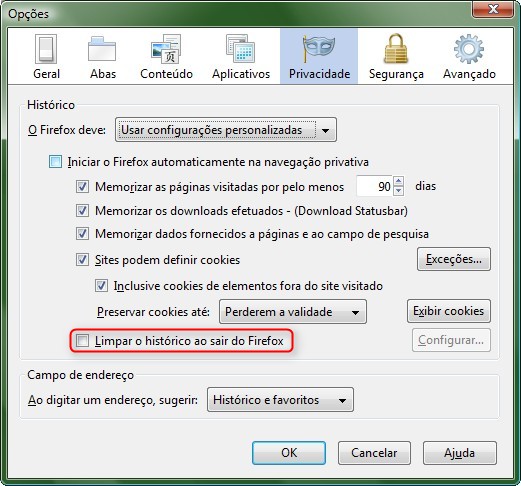 Limpe o histórico ao sair