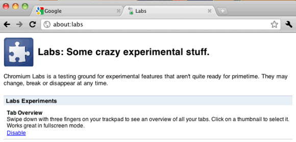 Seção de aplicativos experimentais do Chrome.